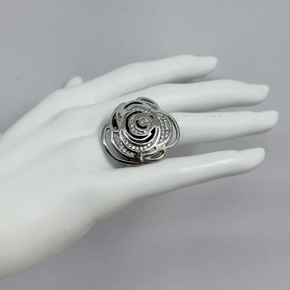 Lauren G Adams Silver Tone Metal Rose CZ Ring LGA Daisy Enamel Size 6 3/4 7